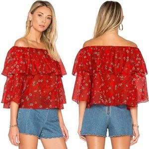 Alice + Olivia Meagan Off Shoulder Red Daisy Top with Ruffle
